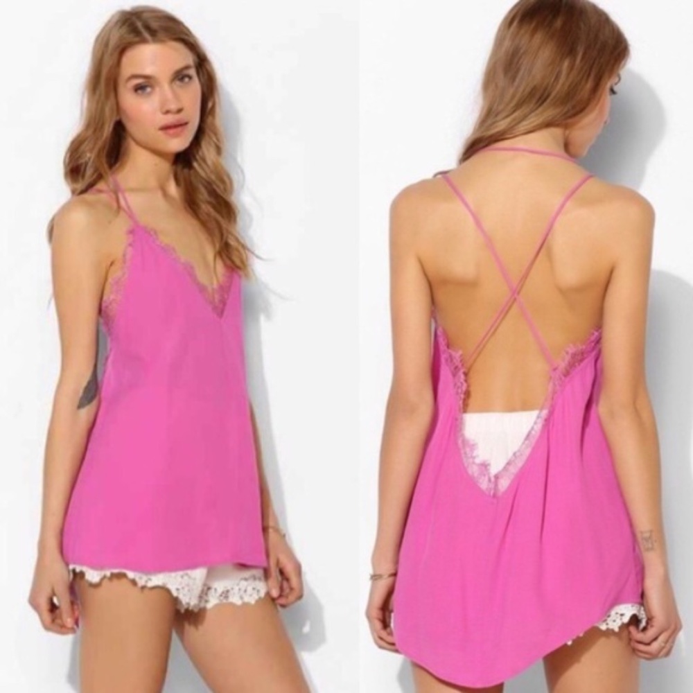 UO Silence + Noise Pink Eyelash Lace Tank Top